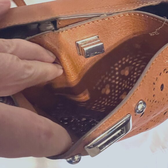 Carlos Santana Stenciled Expandable Faux Leather Boho Camel Shoulder Purse-Adj - Picture 7 of 16